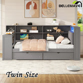 Bellemave® Multifunctional Wood Platform Bed with Storage Shelves, Drawers, Charging Station, LED, Desk and Upholstered Headboard - Bellemave